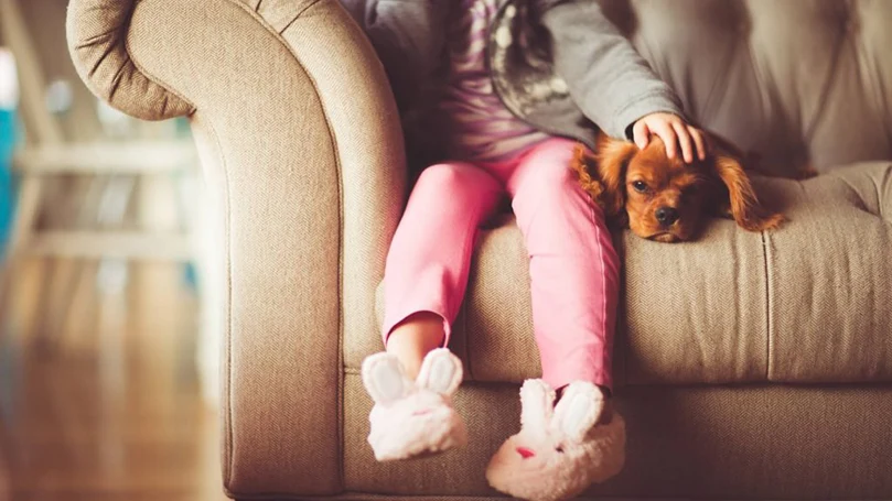 una chica con un perro en el sofá